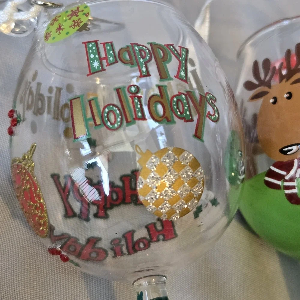 Lolita Happy Holidays Mini Wine Glass Ornament Set Reindeer Christmas Lot of 2